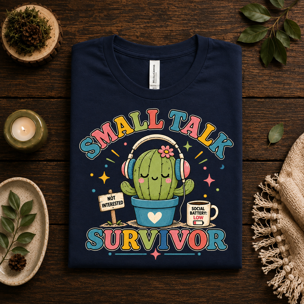 A folded mockup of Small Talk Survivor cute nature graphic t-shirt in navy.