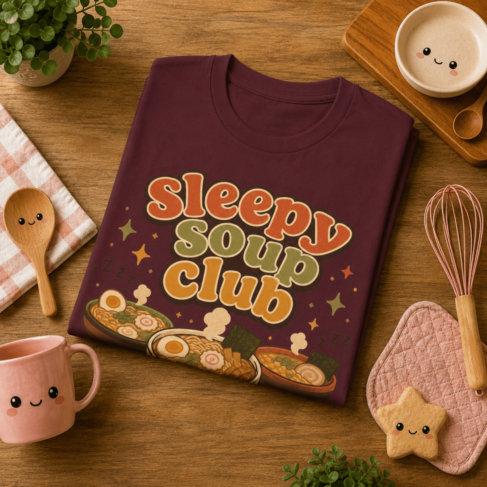 Folded mock up of Sleepy Soup Club graphic t-shirt in maroon, surrounded by small kitchen utensils.