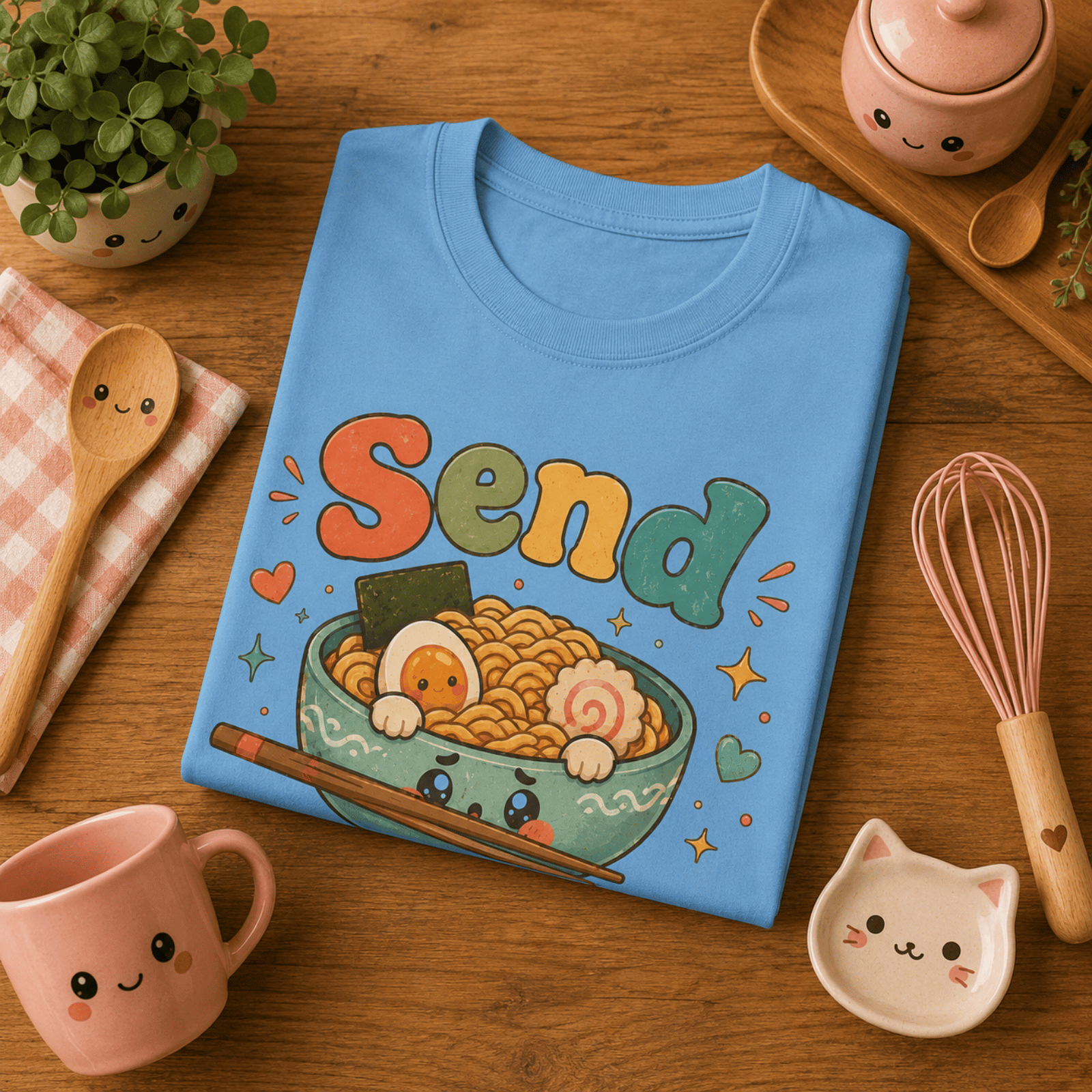 Folded mock up of Send Noods graphic t-shirt in aqua, surrounded by small kitchen utensils.