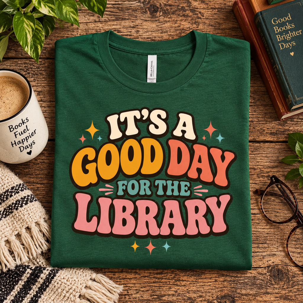 A folded mockup of It's A Good Day funny book graphic t-shirt in evergreen.