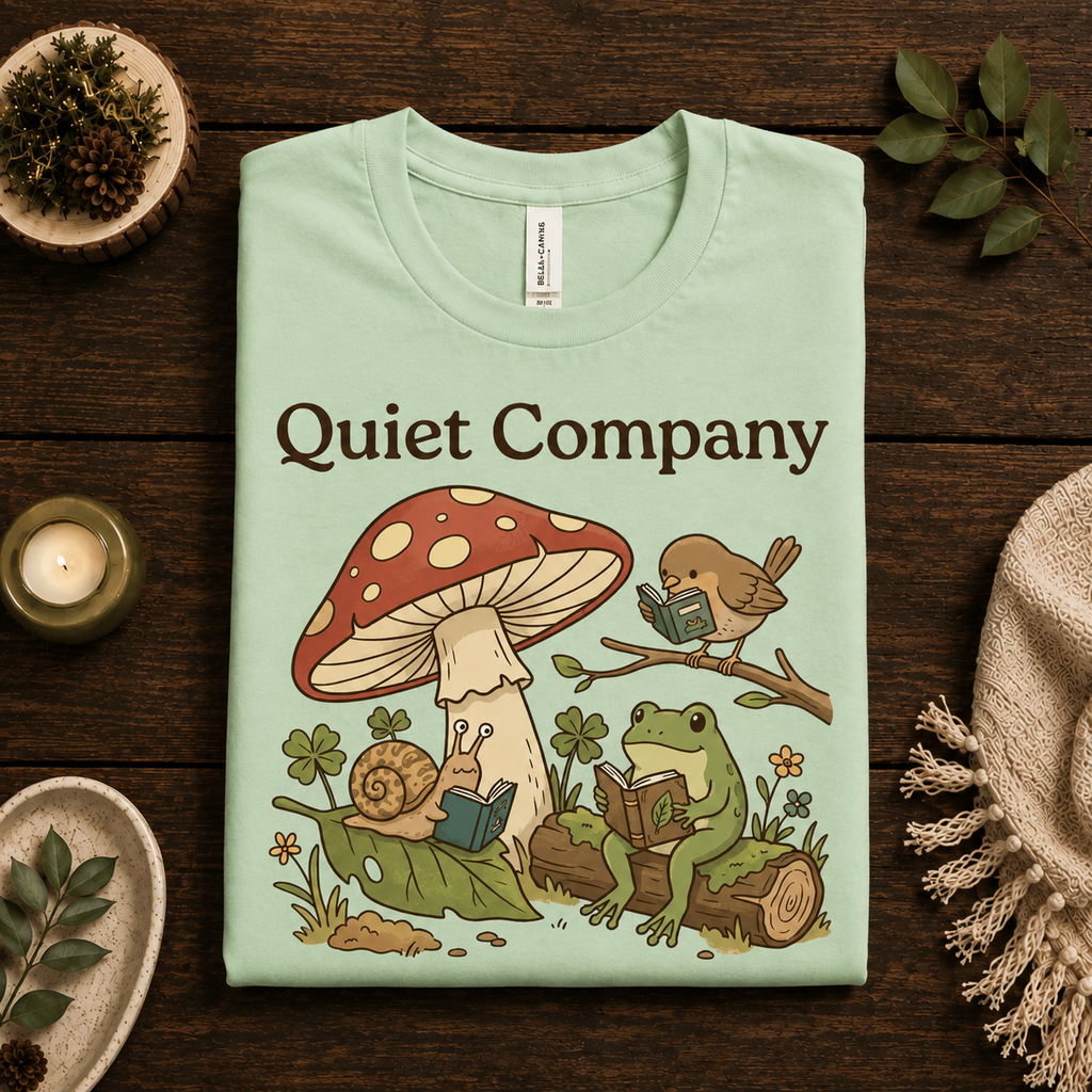 A folded mockup of Quiet Company nature lovers graphic t-shirt in mint.