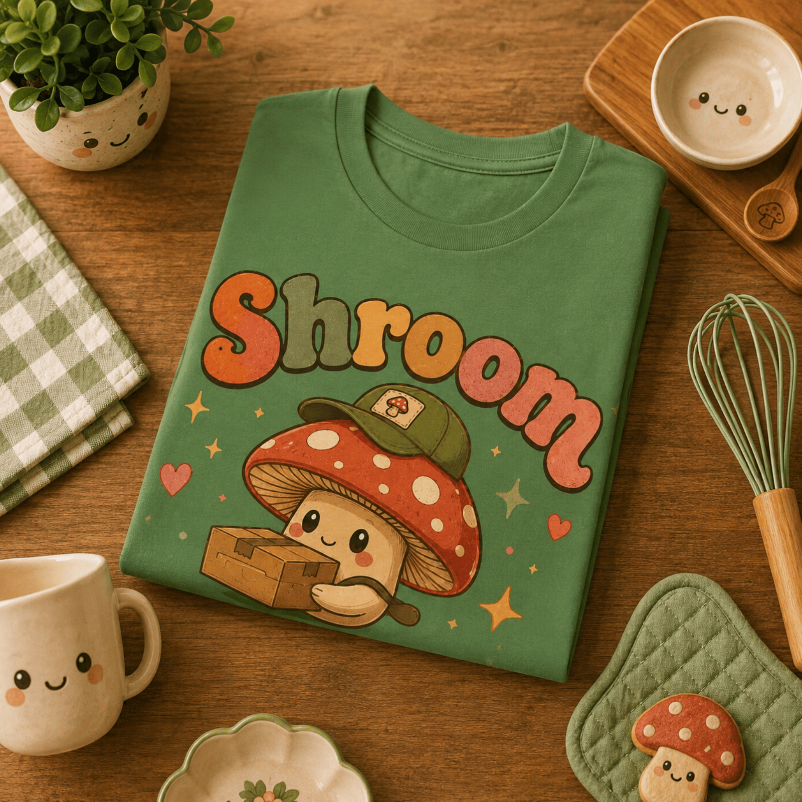 Folded mock up of Shroom Service graphic t-shirt in leaf, surrounded by small kitchen utensils.