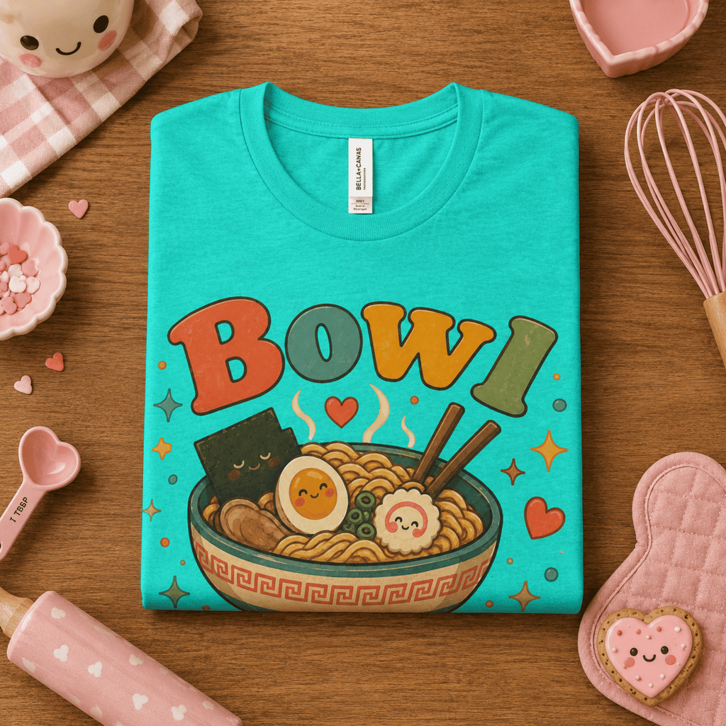 Folded mock up of Bowl Goals graphic t-shirt heather sea green, surrounded by small kitchen utensils.