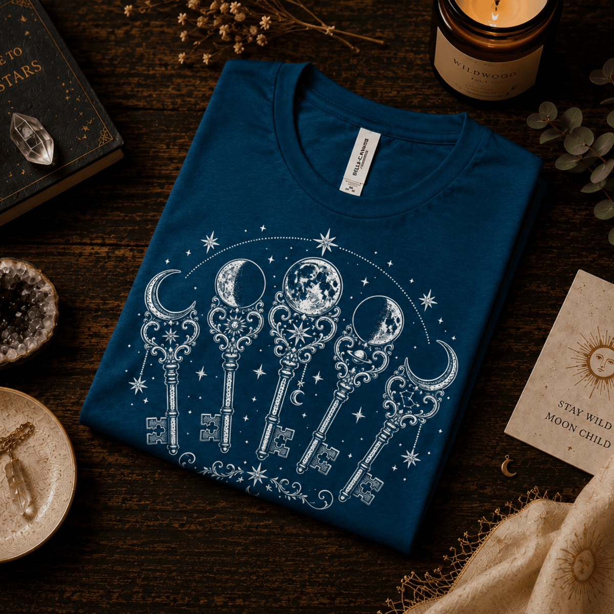 Moon Phase Keys | Whimsical Celestial Graphic T-Shirt