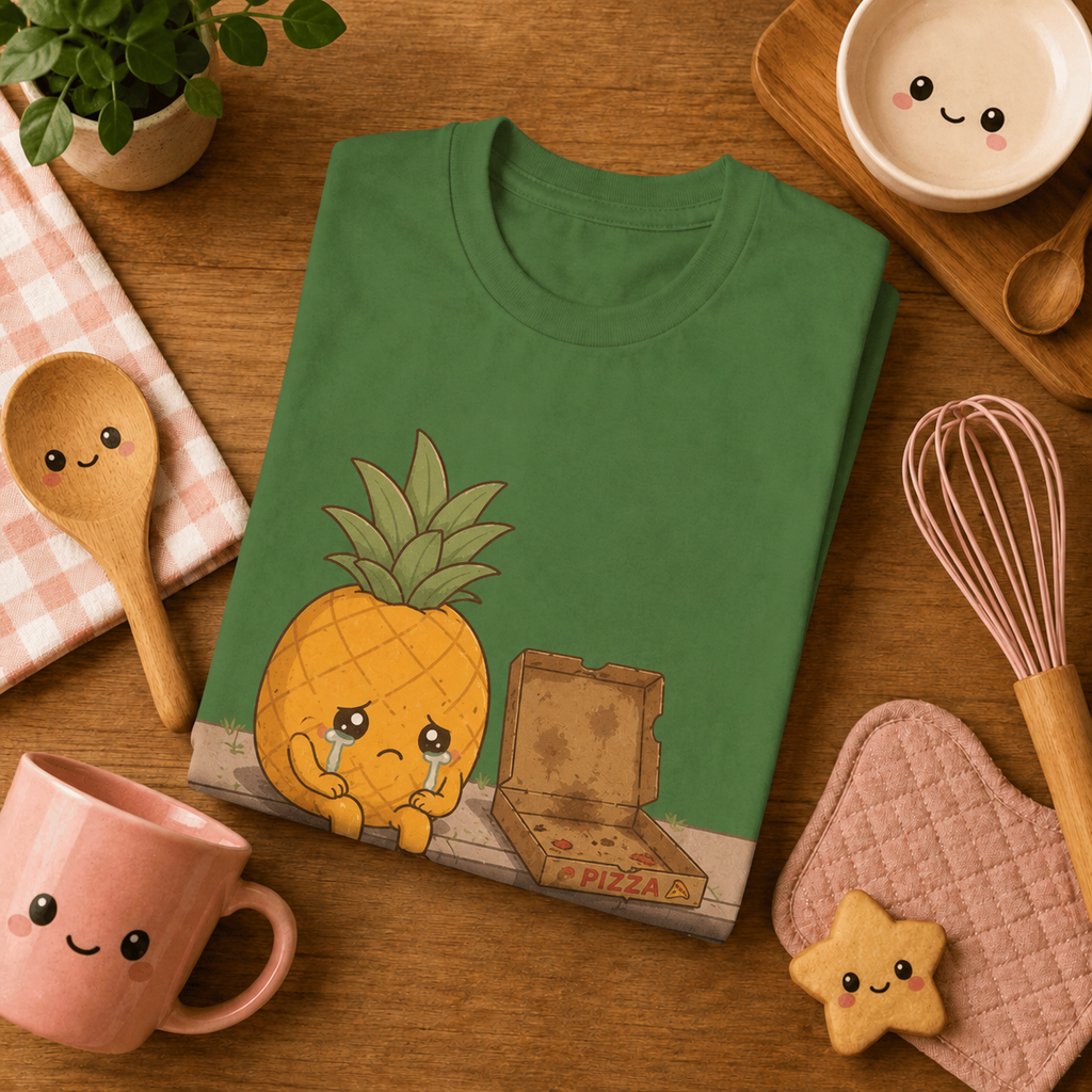 Folded mock up of Pineapple graphic t-shirt in leaf, surrounded by small kitchen utensils.