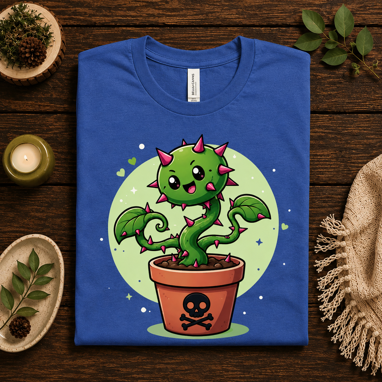 A folded mockup of Poison Ivy funny plant graphic t-shirt in true royal.