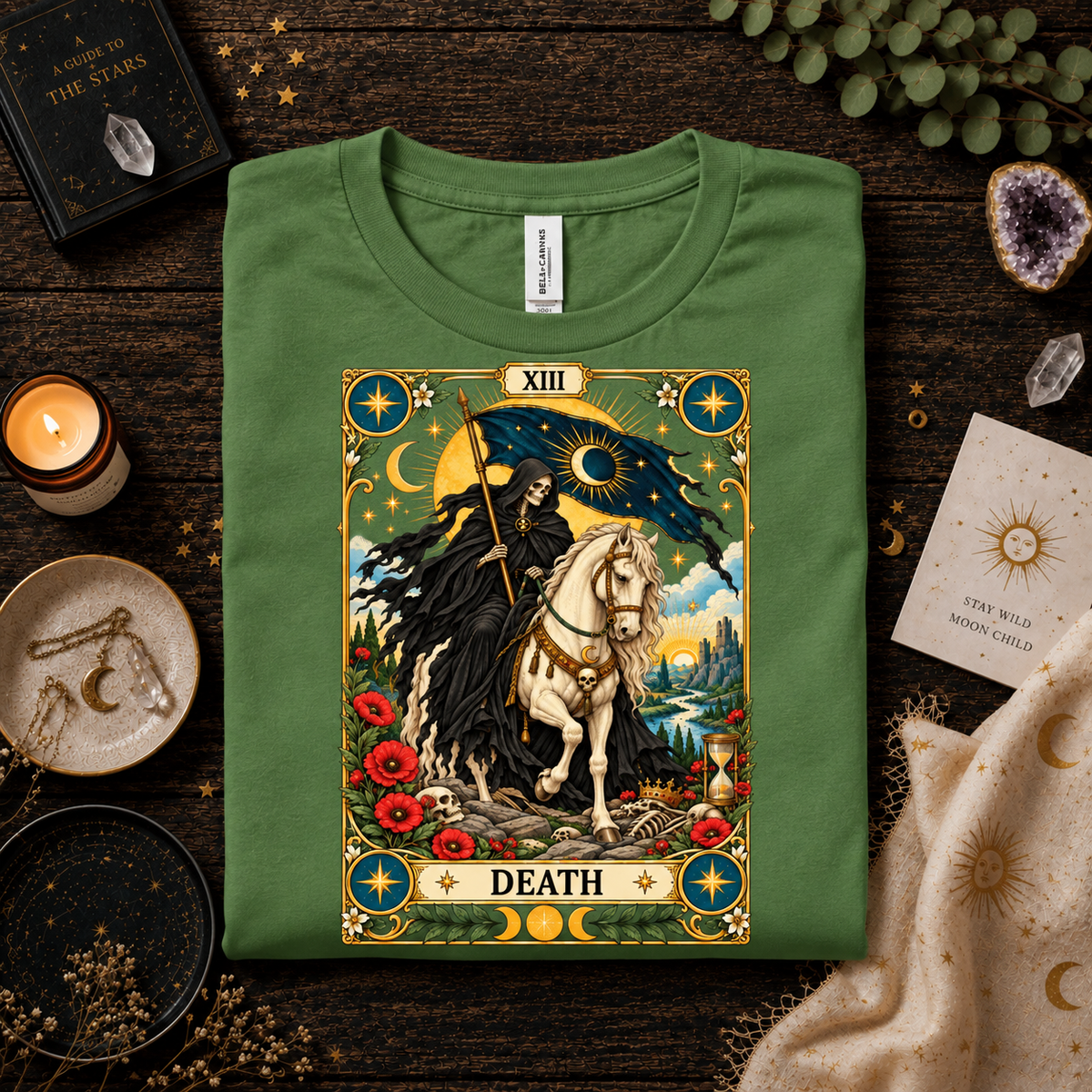A folded mockup of Death tarot card graphic t-shirt in leaf.