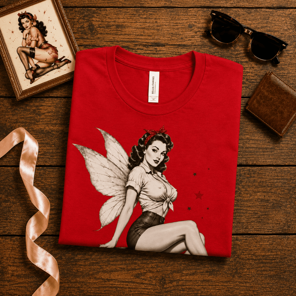 A folded mockup of Love Bomb pinup graphic t-shirt in red. 