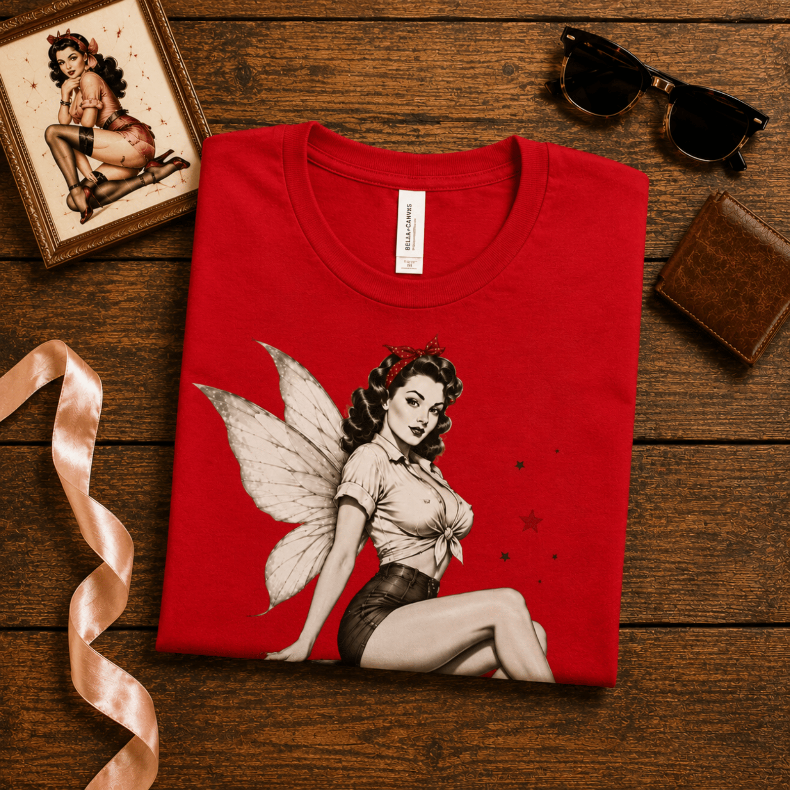 A folded mockup of Love Bomb pinup graphic t-shirt in red. 