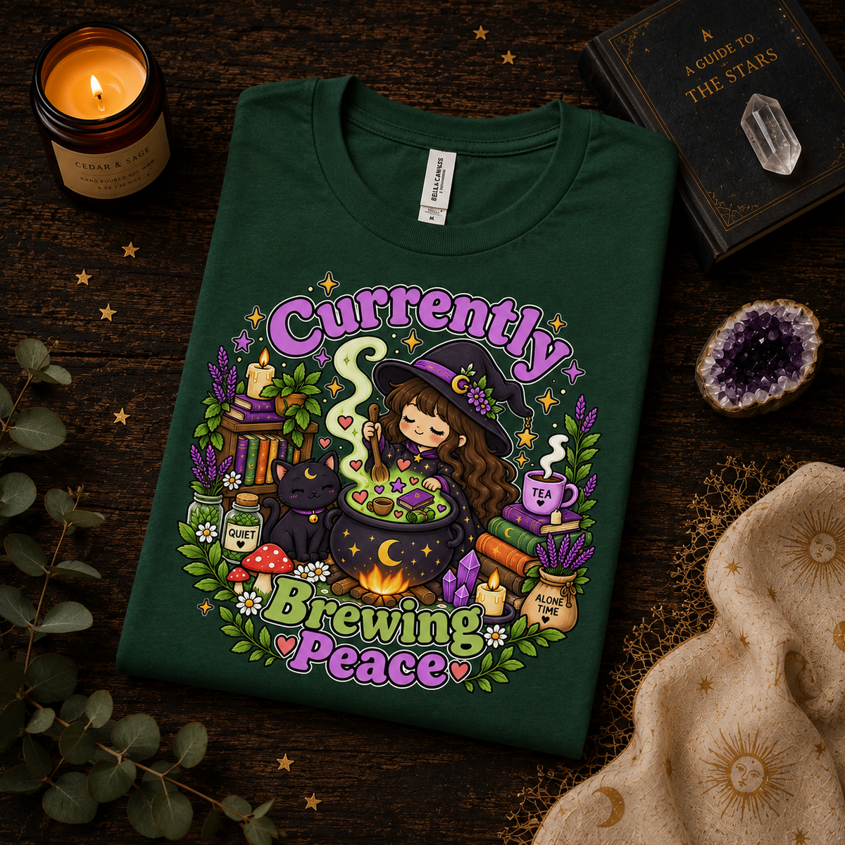 A folded mockup of Currently Brewing cute witchy  graphic t-shirt in evergreen.