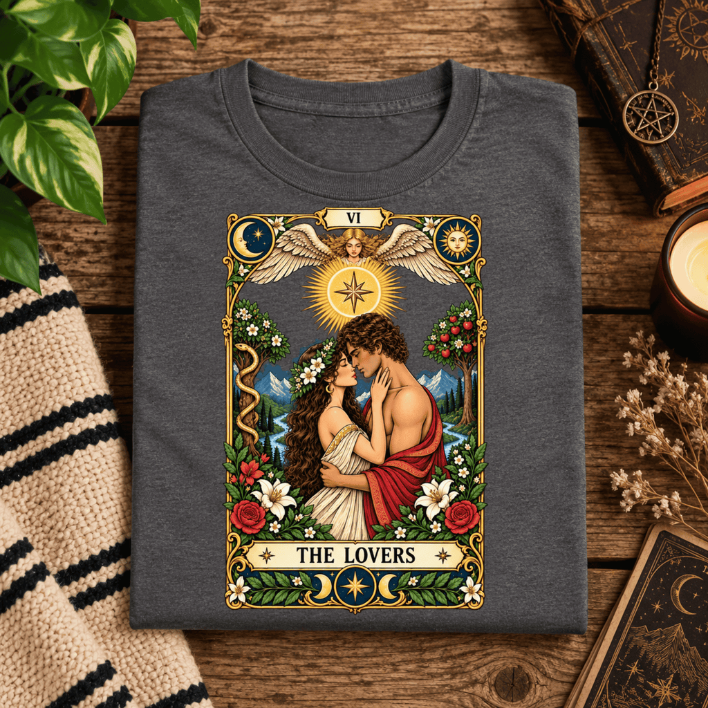 A folded mockup of The Lovers tarot card mystical graphic t-shirt in asphalt.