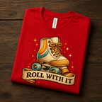 A folded mockup of Roll With It retro introvert graphic t-shirt in red.