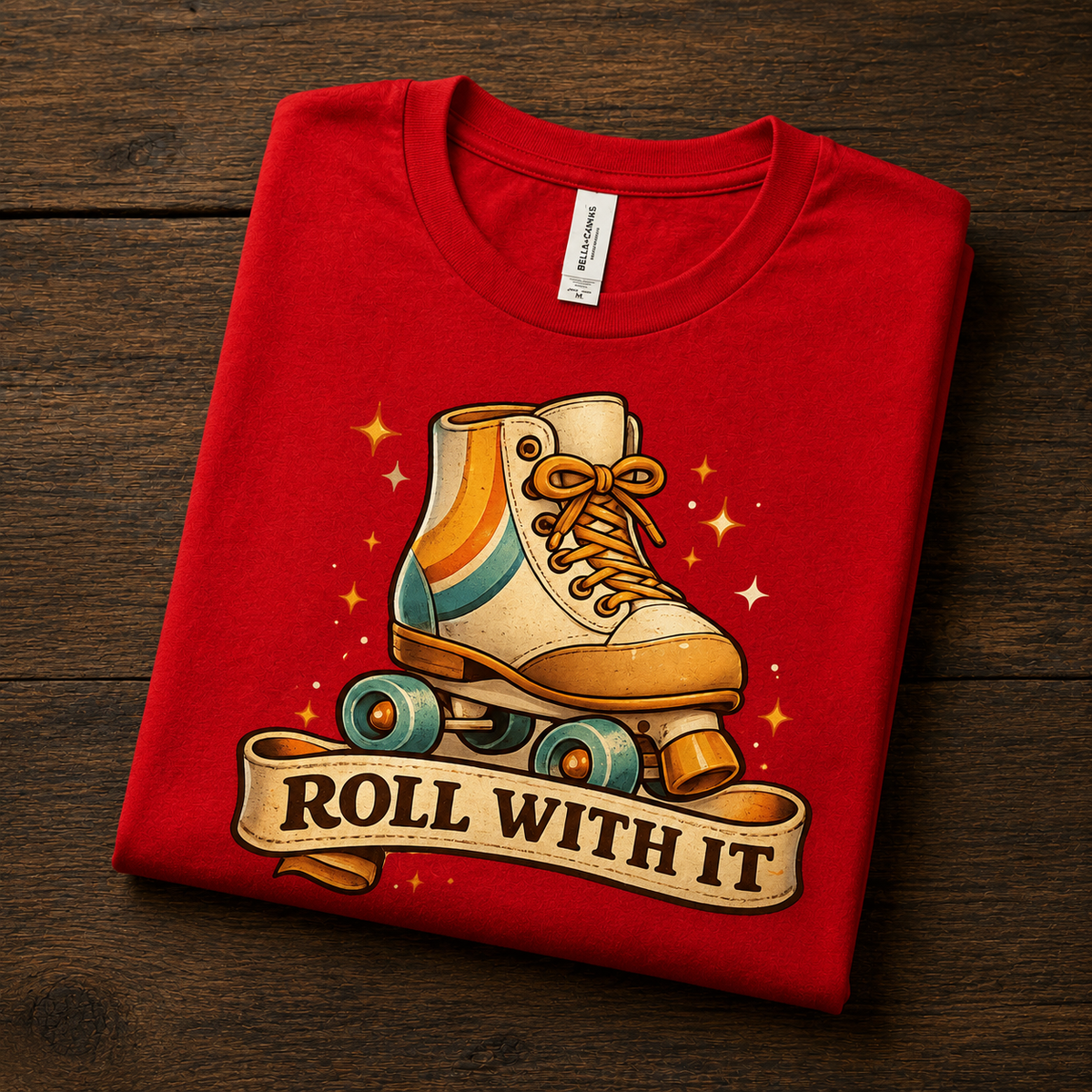 A folded mockup of Roll With It retro introvert graphic t-shirt in red.