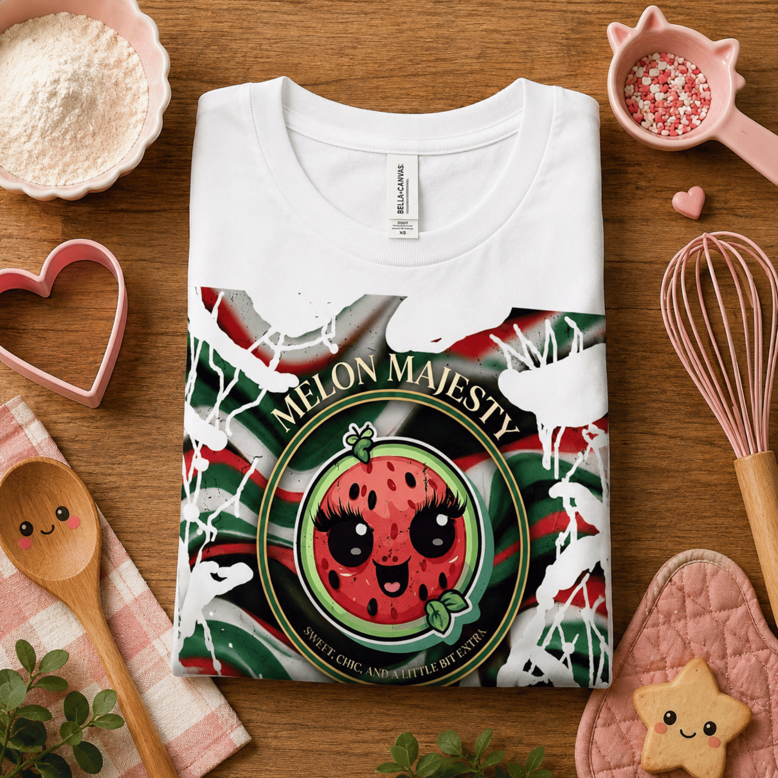 Folded mock up of Melon Majesty graphic t-shirt in white, surrounded by small kitchen utensils.
