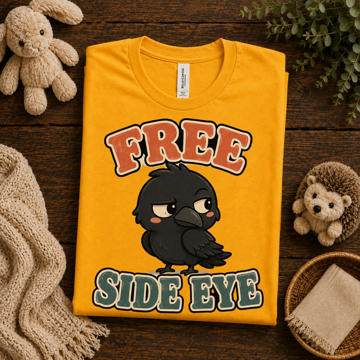 A folded mockup of Free Side Eye graphic t-shirt in gold.