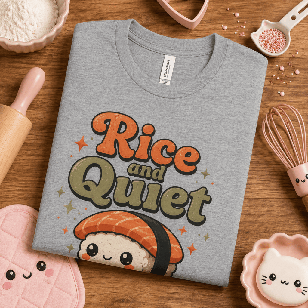 Folded mock up of Rice And Quiet graphic t-shirt in athletic heather, surrounded by small kitchen utensils.