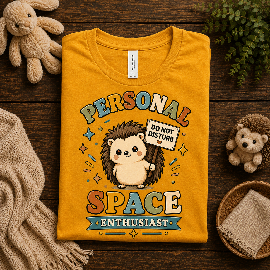 A folded mockup of Personal Space Enthusiast cute animal graphic t-shirt in gold.