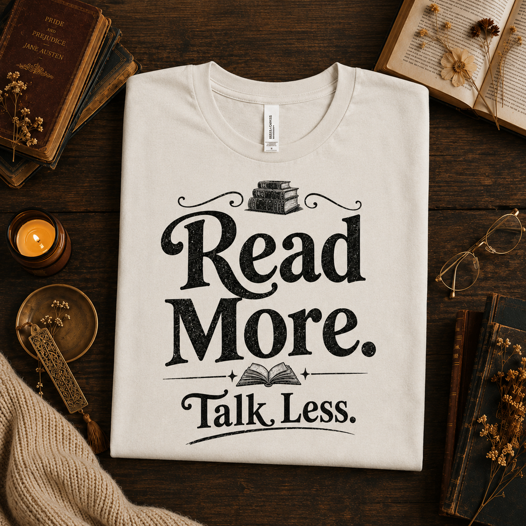 A folded mockup of Talk Less funny book graphic t-shirt in vintage white.