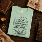 A folded mockup of Love Knows Not book quote graphic t-shirt in mint.