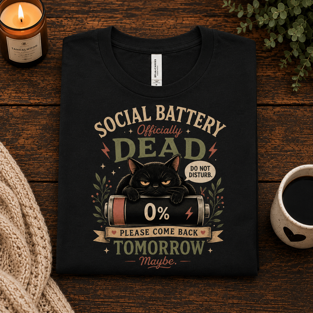 A folded mockup of Social Battery Dead funny introvert graphic t-shirt in vintage black.