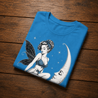 An aqua Moonlit Fairy pinup graphic t-shirt in a folded mockup.