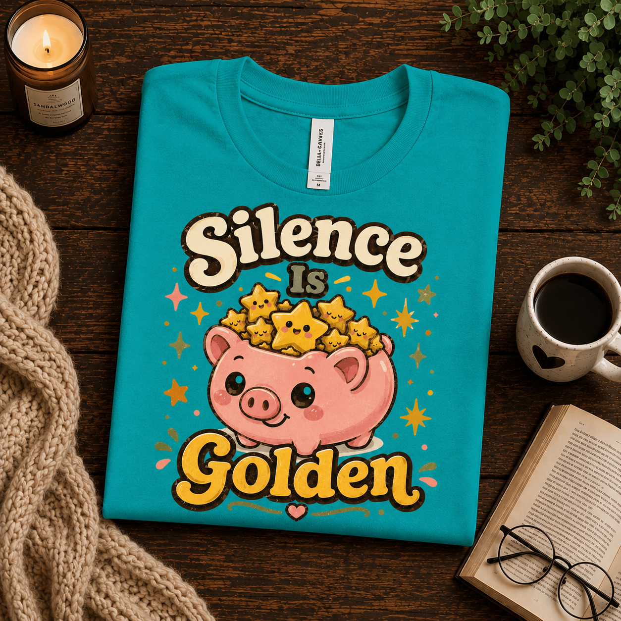 A folded mockup of Silence Is Golden funny introvert graphic t-shirt in heather sea green.