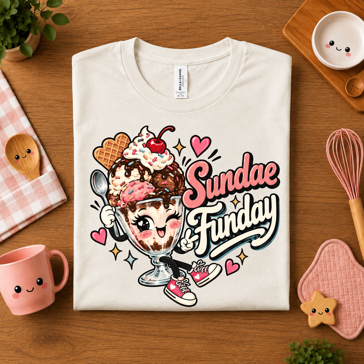 A folded mockup of Sundae Funday retro food graphic t-shirt in vintage white.