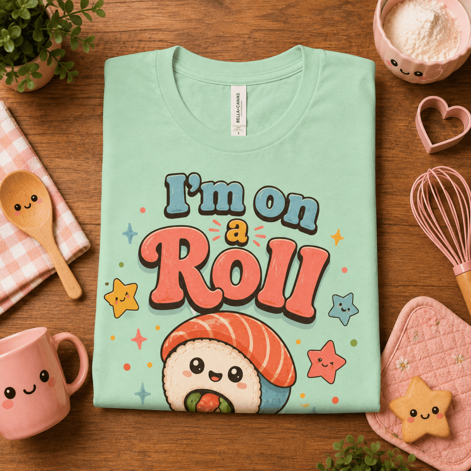 Folded mock up of I'm On A Roll graphic t-shirt in mint, surrounded by small kitchen utensils.