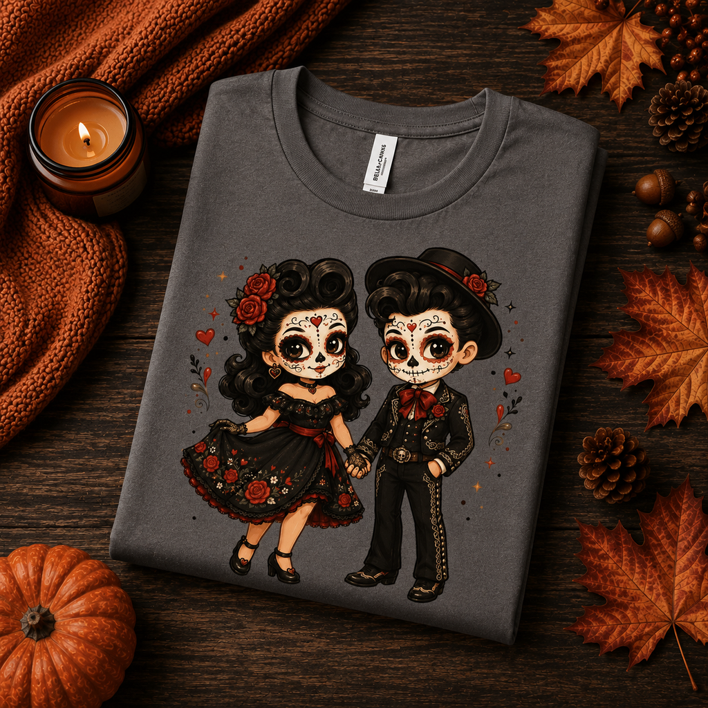 A folded mockup of Mr. & Mrs. halloween pinup graphic t-shirt in asphalt.