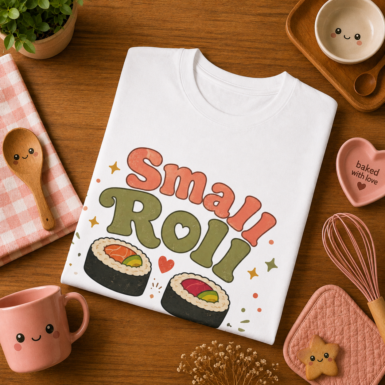 Folded mock up of Small Roll Energy graphic t-shirt in white, surrounded by small kitchen utensils.