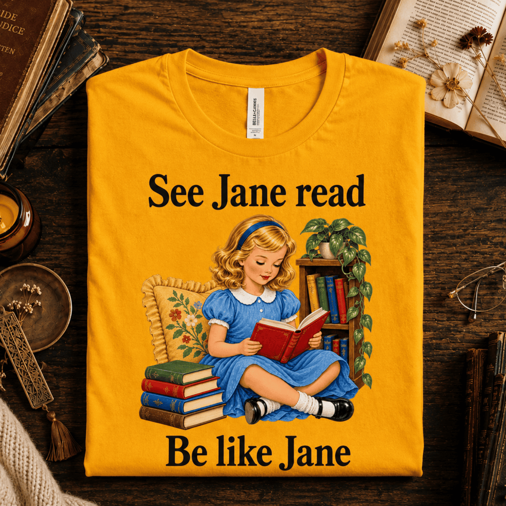A folded mockup of See Jane Read vintage book graphic t-shirt in gold.