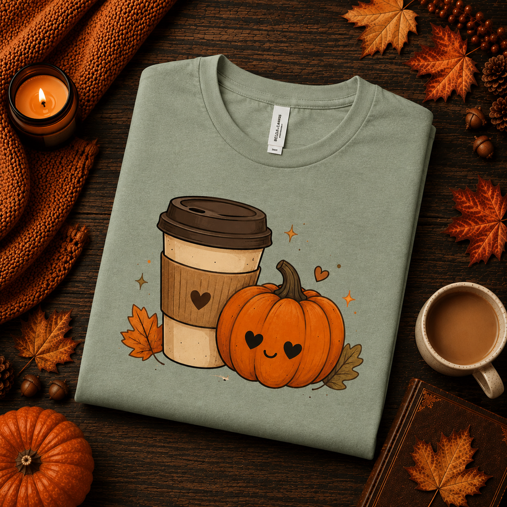 A folded mockup of Pumpkin Latte fall coffee graphic t-shirt in sage.
