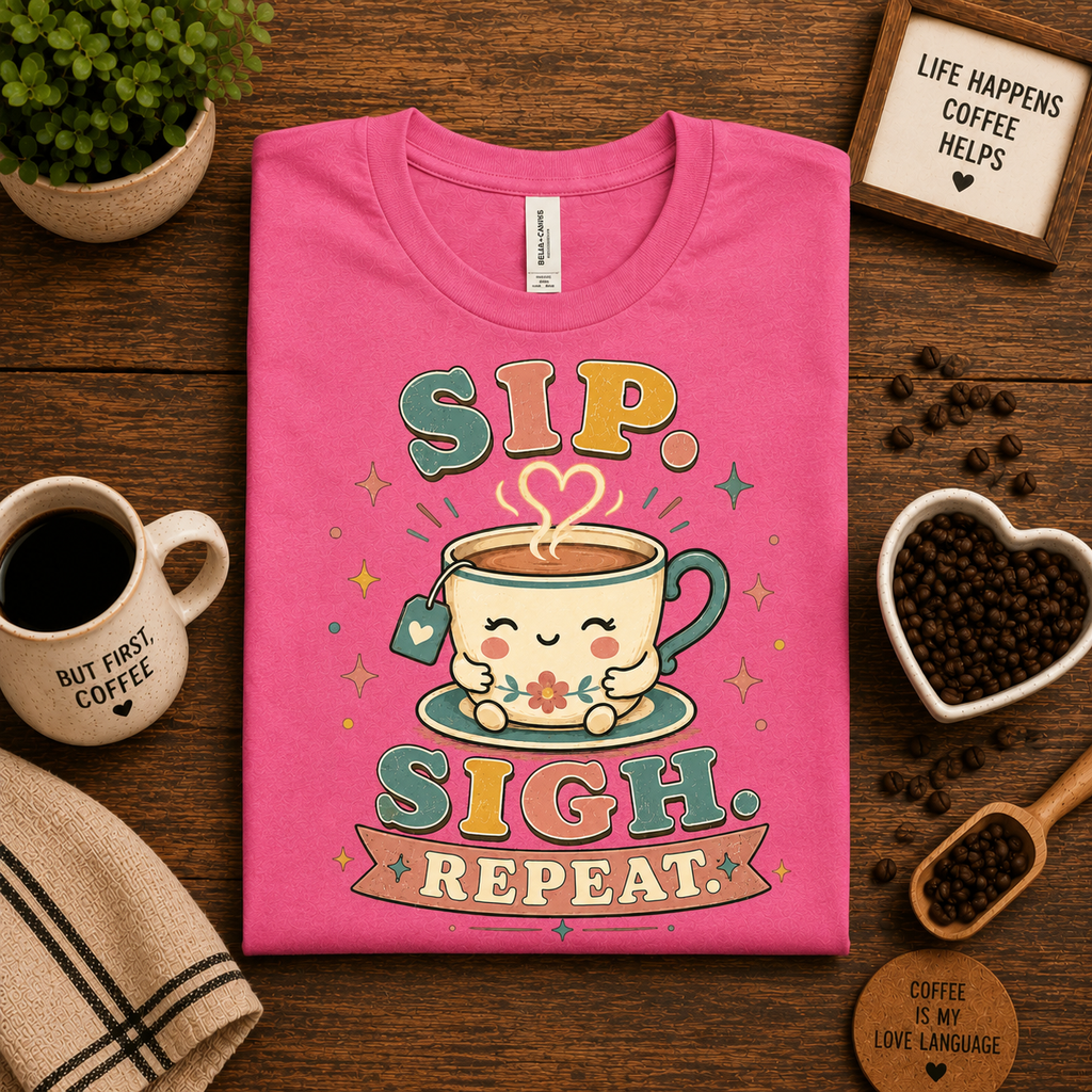 A folded mockup of Sip. Sigh. Repeat. graphic t-shirt in charity pink.