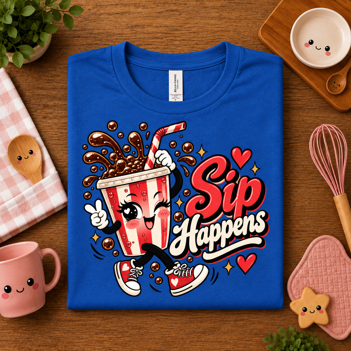 A folded mockup of Sip Happens retro food graphic t-shirt in true royal.