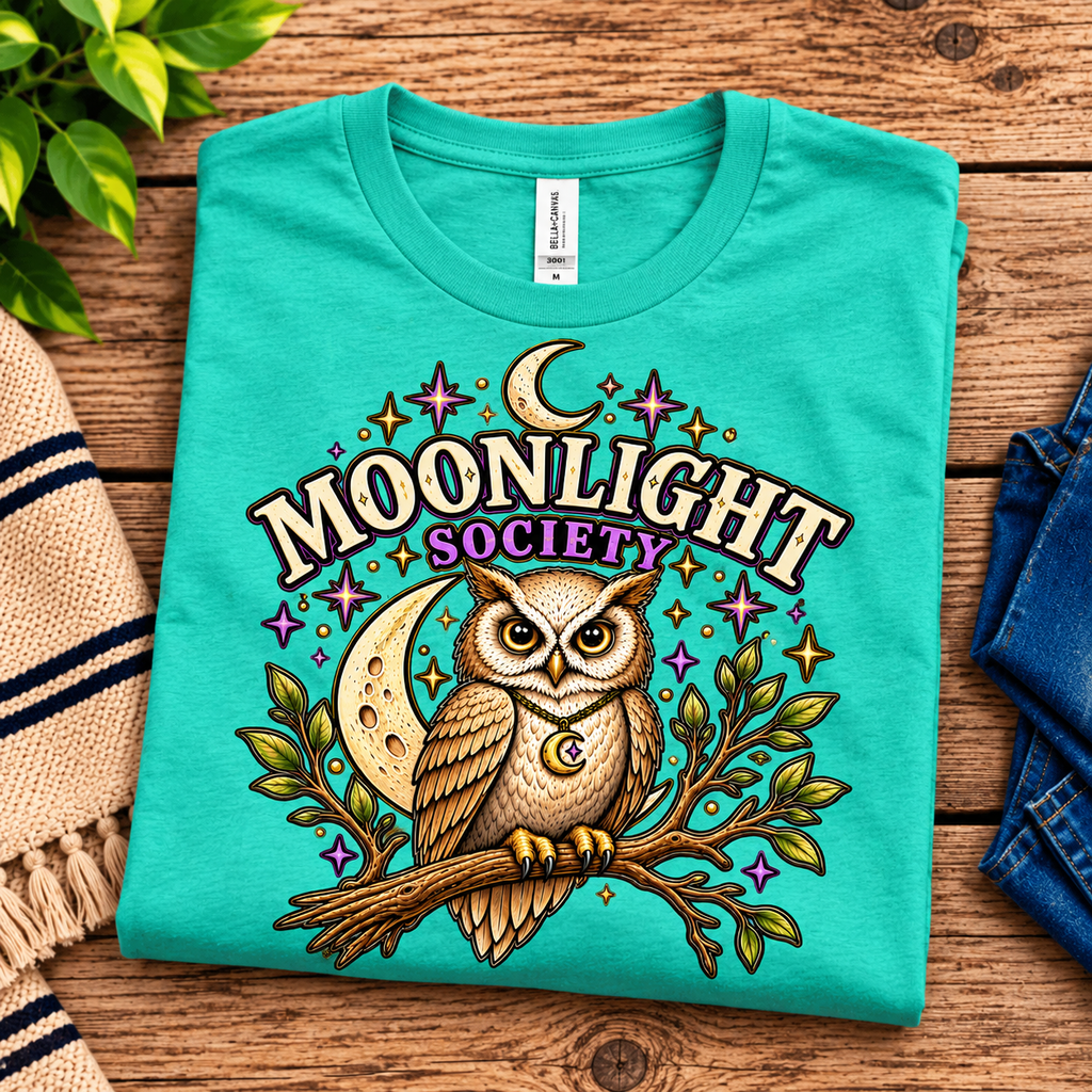 A folded mockup of Moonlight Society cute celestial graphic t-shirt in heather sea green.
