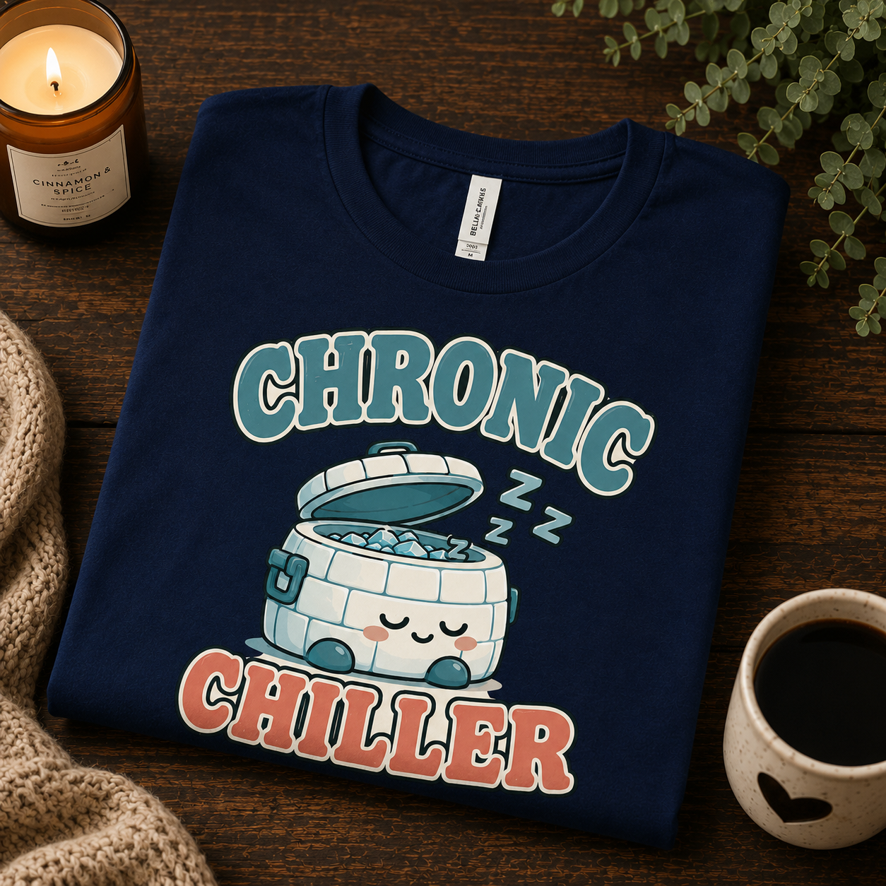 A folded mockup of Chronic Chiller funny introvert graphic t-shirt in navy.