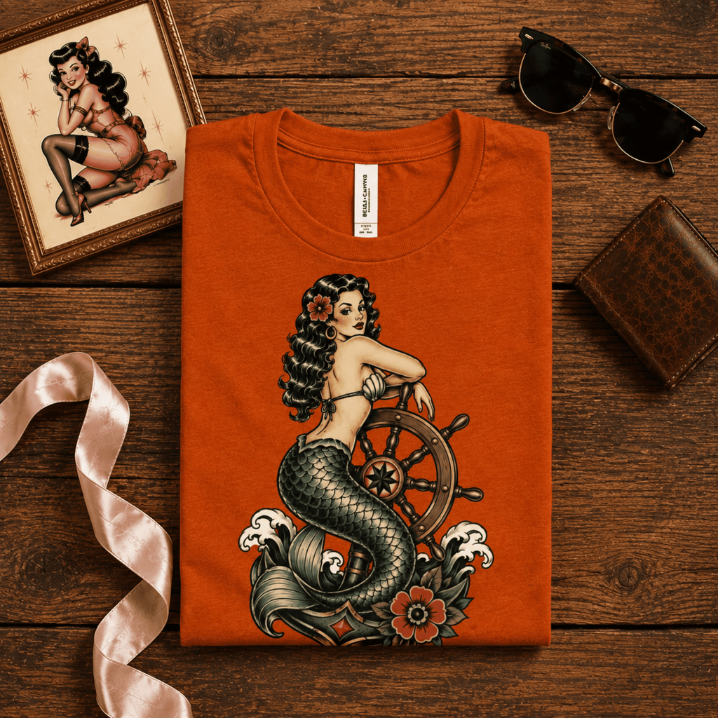 Ship Wheel Mermaid | Vintage Mermaid Pinup Graphic T-Shirt