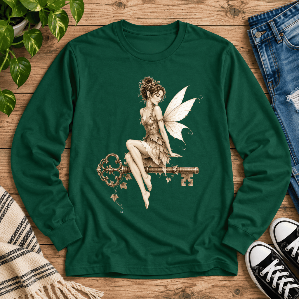 Fairy Key cute pinup graphic long sleeve t-shirt cozy flat lay in forest green.