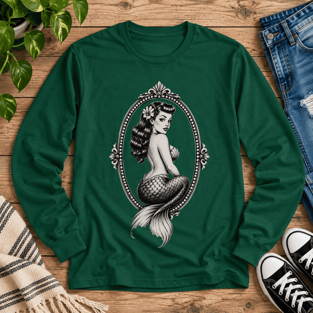 Mermaid Cameo vintage pinup graphic long sleeve t-shirt cozy flat lay in forest green.