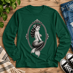 Mermaid Cameo vintage pinup graphic long sleeve t-shirt cozy flat lay in forest green.
