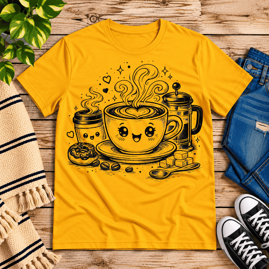 Happy Coffee cute kawaii graphic t-shirt cozy flat lay in gold.