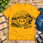 Happy Coffee cute kawaii graphic t-shirt cozy flat lay in gold.