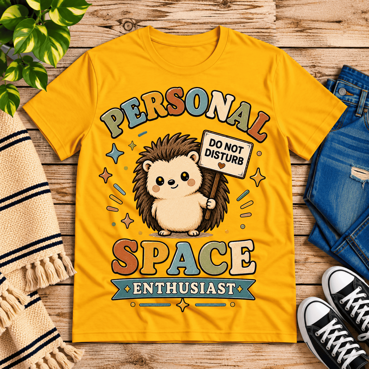 Personal Space Enthusiast cute animal graphic t-shirt cozy flat lay in gold.