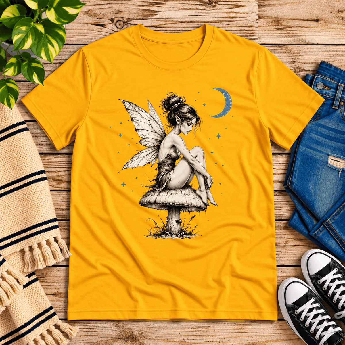 Mushroom Fairy vintage fairy graphic t-shirt cozy flat lay in gold.