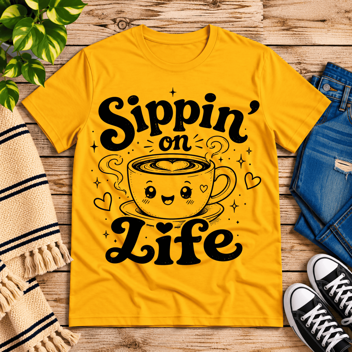 Sippin' on Life cute coffee graphic t-shirt cozy flat lay in gold.