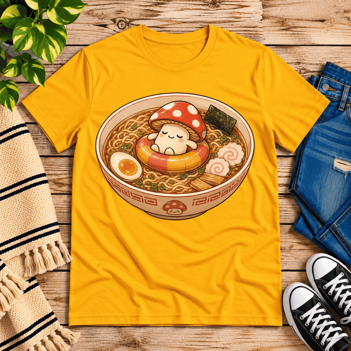 Mushroom float cute food graphic t-shirt cozy flat lay in gold.
