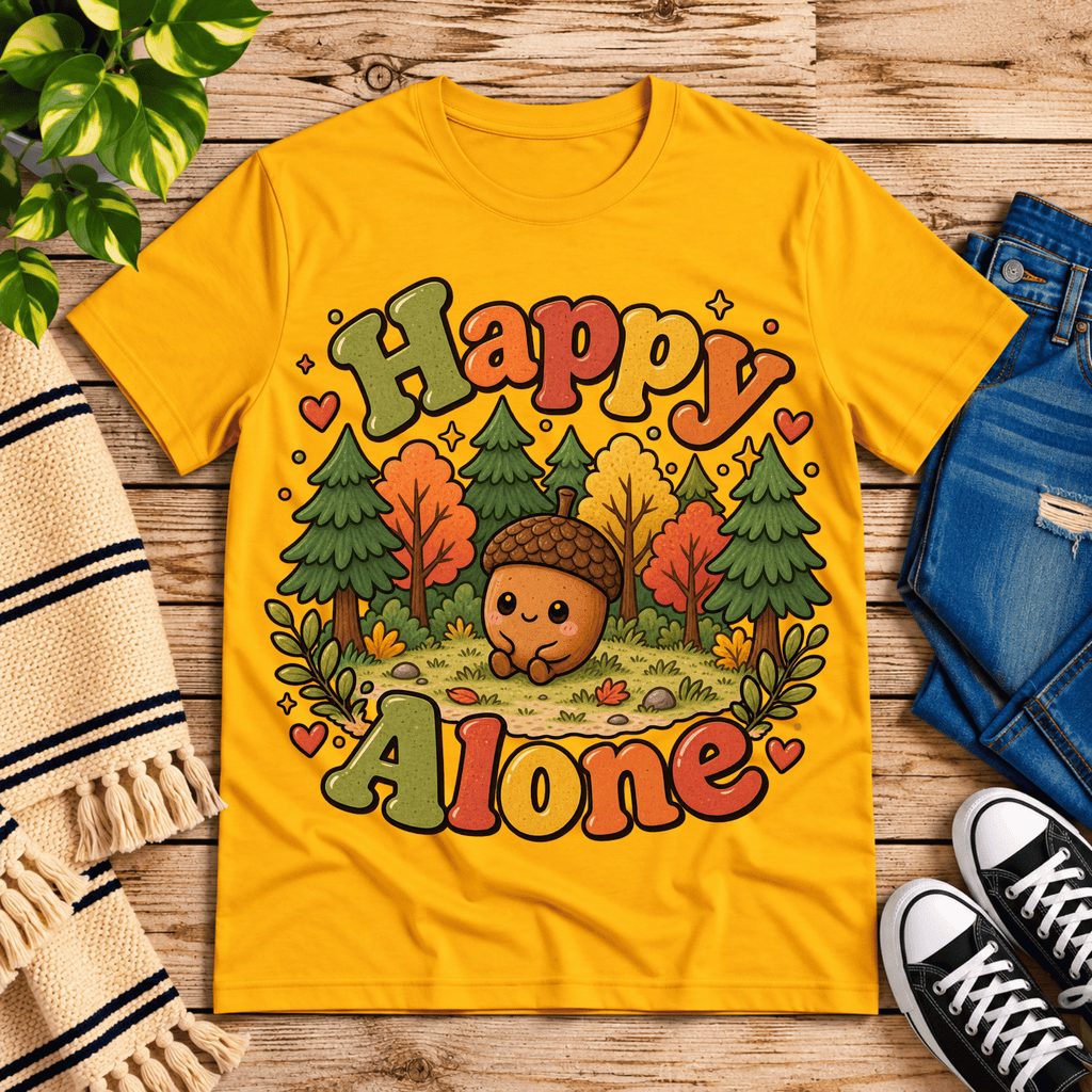 Happy Alone cute nature graphic t-shirt cozy flat lay in gold.