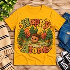 Happy Alone cute nature graphic t-shirt cozy flat lay in gold.
