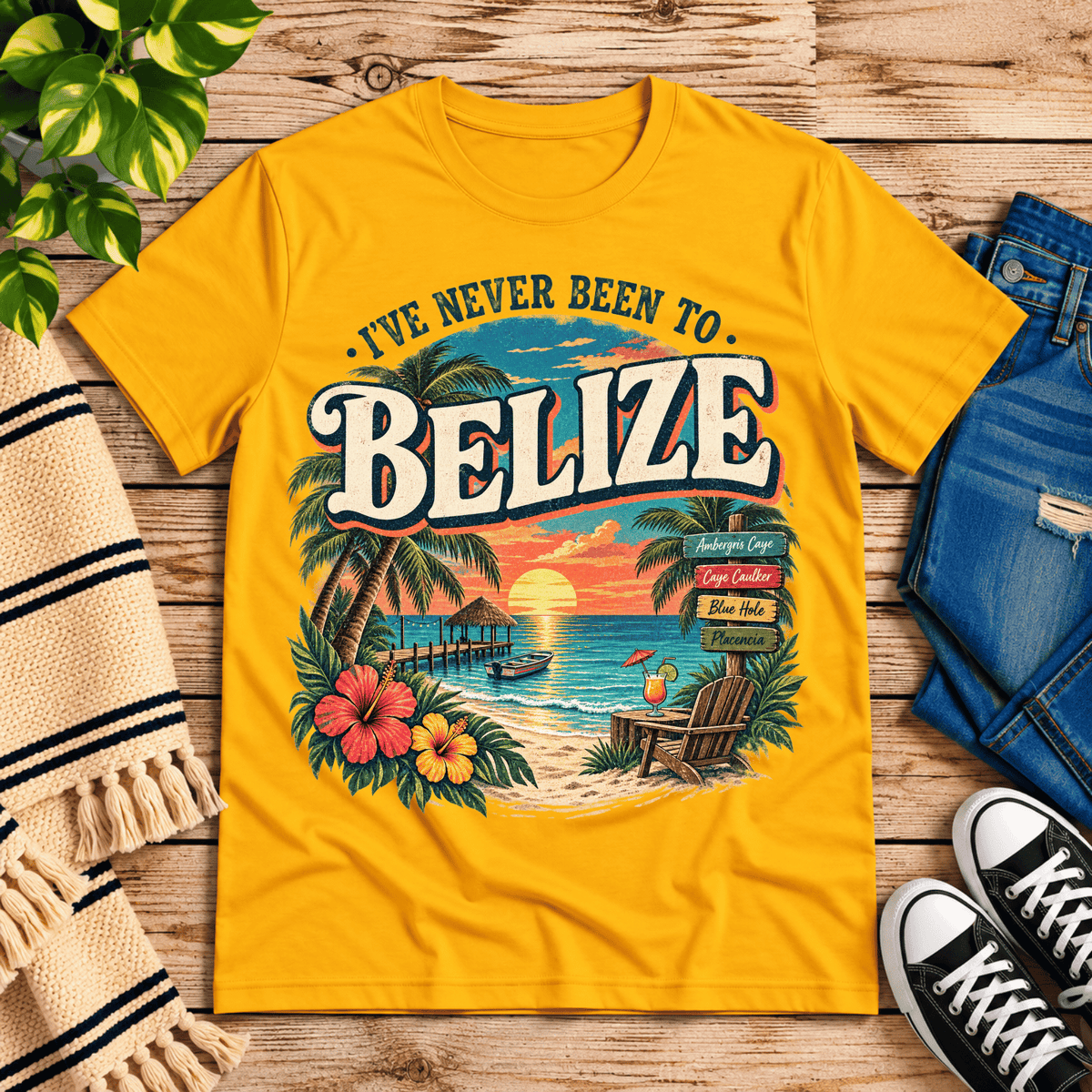 Belize funny introvert graphic t-shirt cozy flat lay in gold.
