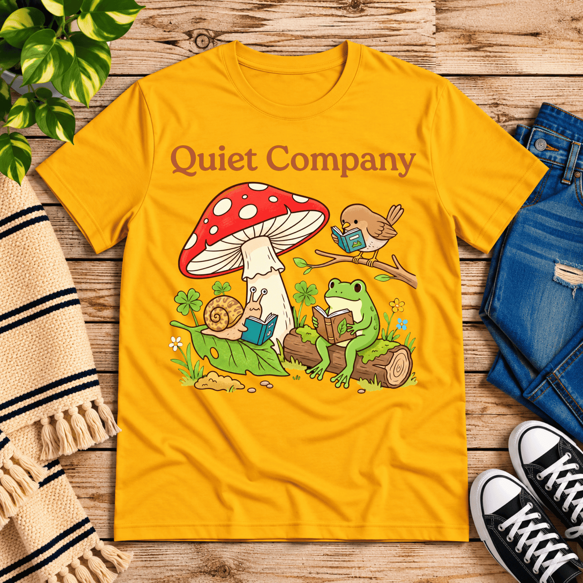 Quiet Company cute cottagecore graphic t-shirt cozy flat lay in gold.